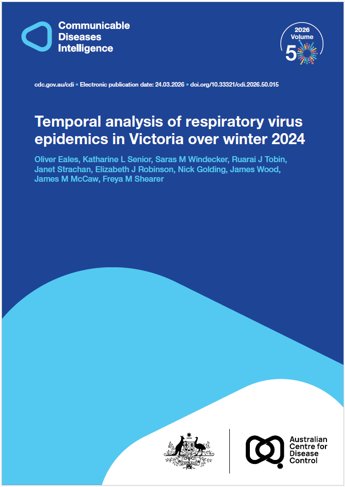 Dark and light blue shapes displaying the logo of Communicable Diseases Intelligence with a celebration graphic for Volume 50. The bottom of the cover features a lockup of the logo of the Australian Centre for Disease Control alongside the Commonwealth Coat of Arms.