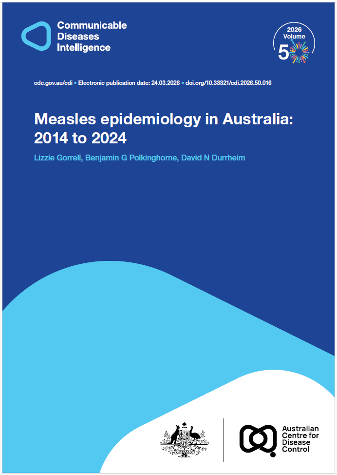 Dark and light blue shapes displaying the logo of Communicable Diseases Intelligence with a celebration graphic for Volume 50. The bottom of the cover features a lockup of the logo of the Australian Centre for Disease Control alongside the Commonwealth Coat of Arms.
