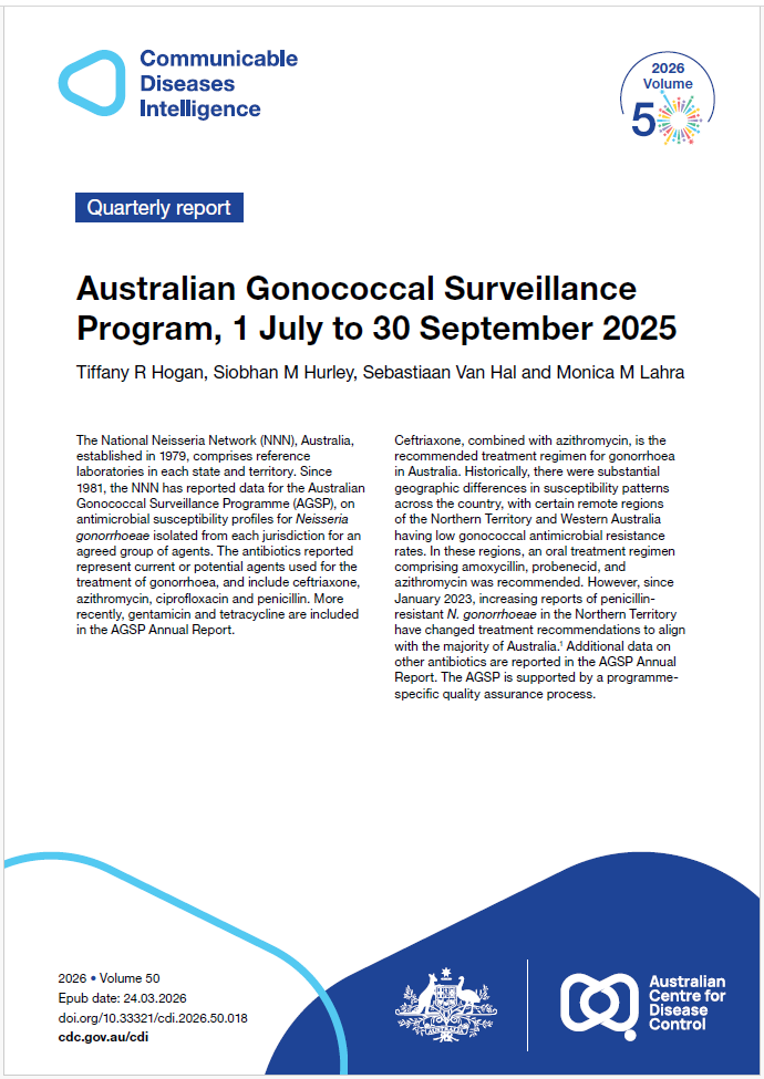 Light blue curved shape with the words Communicable Diseases Intelligence in dark blue. Celebrating Volume 50 of Communicable Diseases Intelligence in 2026. Colourful fireworks and stars make up the shape of the zero in 50. The bottom of the cover features dark blue and light blue shapes with a lockup of the logo of the Australian Centre for Disease Control alongside the Commonwealth Coat of Arms.