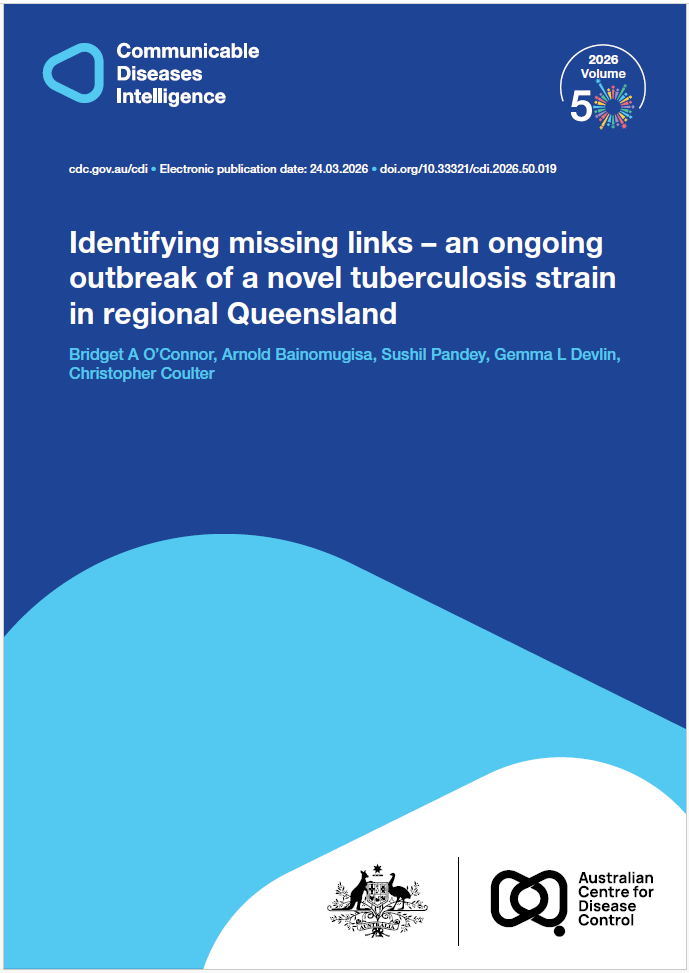 Dark and light blue shapes displaying the logo of Communicable Diseases Intelligence with a celebration graphic for Volume 50. The bottom of the cover features a lockup of the logo of the Australian Centre for Disease Control alongside the Commonwealth Coat of Arms.