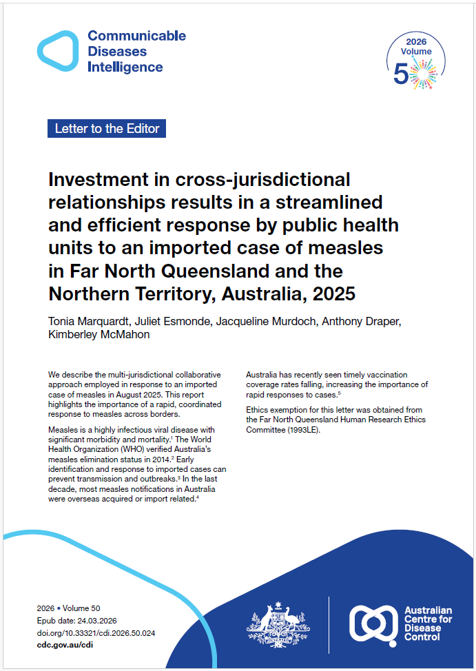 Light blue curved shape with the words Communicable Diseases Intelligence in dark blue. Celebrating Volume 50 of Communicable Diseases Intelligence in 2026. Colourful fireworks and stars make up the shape of the zero in 50. The bottom of the cover features dark blue and light blue shapes with a lockup of the logo of the Australian Centre for Disease Control alongside the Commonwealth Coat of Arms.