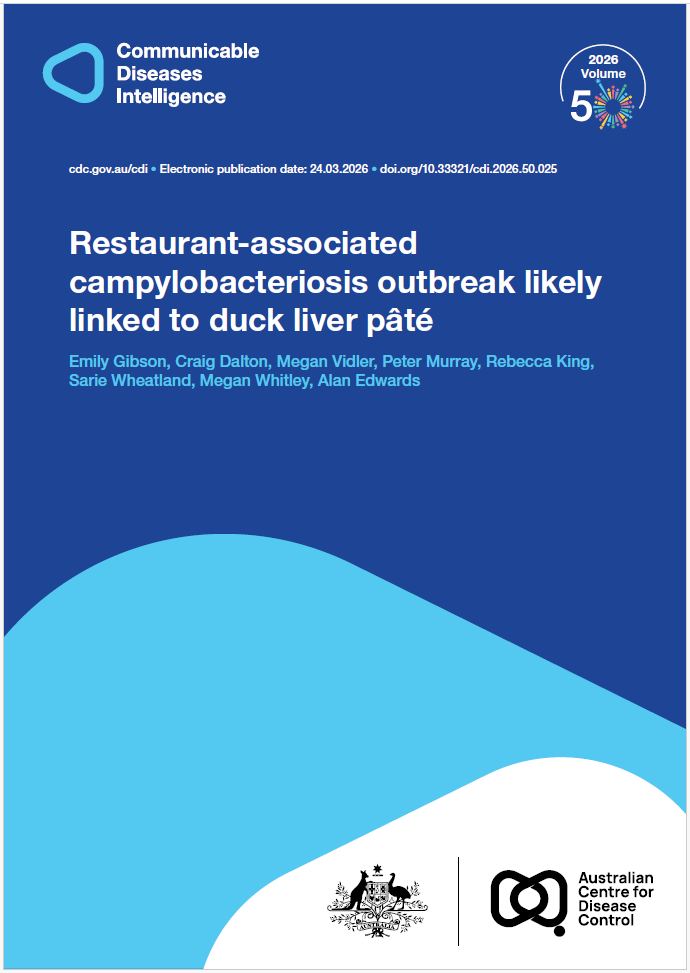 Dark and light blue shapes displaying the logo of Communicable Diseases Intelligence with a celebration graphic for Volume 50. The bottom of the cover features a lockup of the logo of the Australian Centre for Disease Control alongside the Commonwealth Coat of Arms.