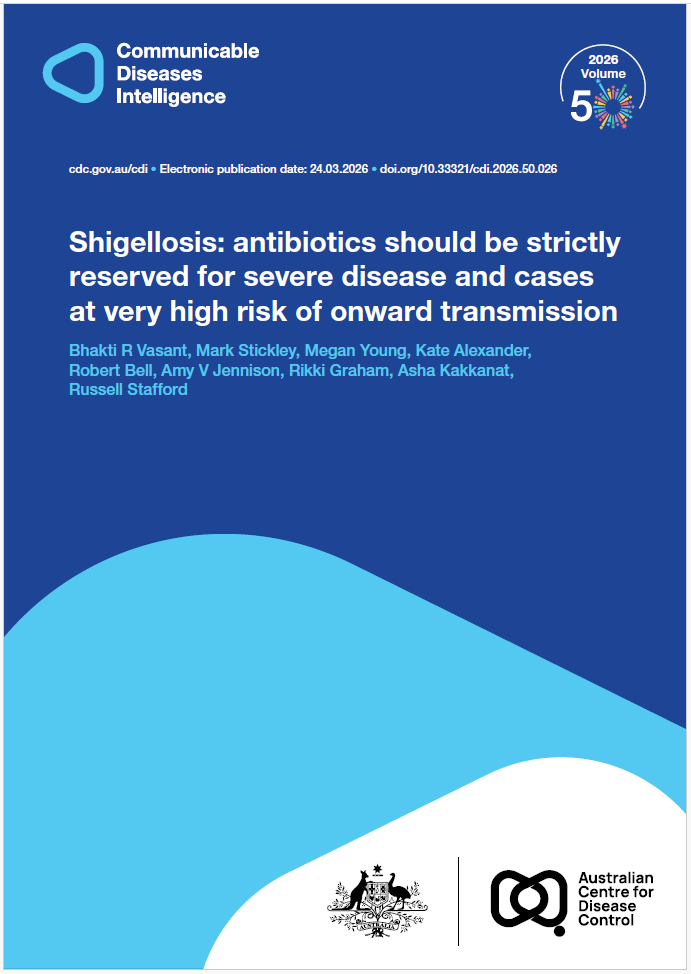 Dark and light blue shapes displaying the logo of Communicable Diseases Intelligence with a celebration graphic for Volume 50. The bottom of the cover features a lockup of the logo of the Australian Centre for Disease Control alongside the Commonwealth Coat of Arms.