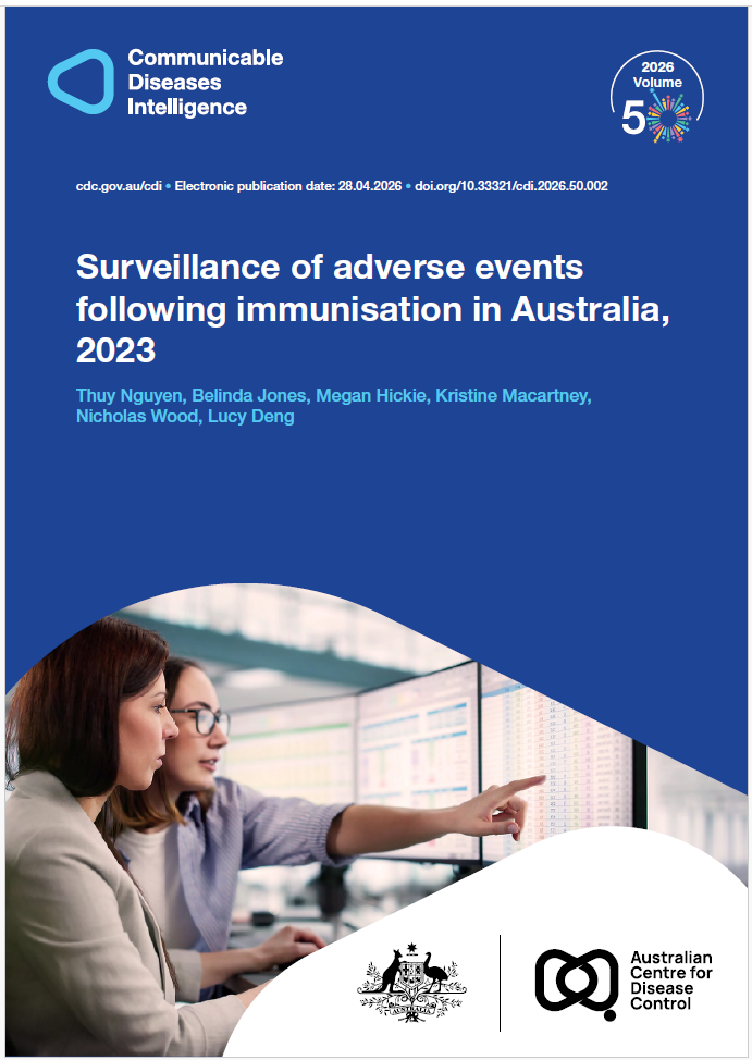 Dark and light blue shapes displaying the logo of Communicable Diseases Intelligence with a celebration graphic for Volume 50. The cover photo features two people sitting at a desk looking at a screen featuring spreadsheets, one person is pointing at the screen. The bottom of the cover features a lockup of the logo of the Australian Centre for Disease Control alongside the Commonwealth Coat of Arms.