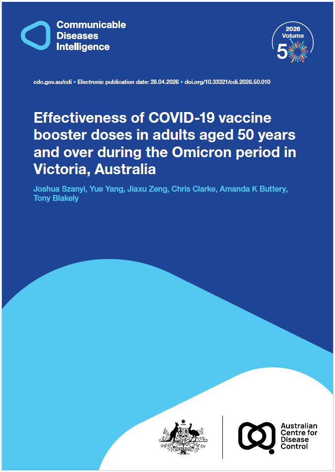 Dark and light blue shapes displaying the logo of Communicable Diseases Intelligence with a celebration graphic for Volume 50. The bottom of the cover features a lockup of the logo of the Australian Centre for Disease Control alongside the Commonwealth Coat of Arms.