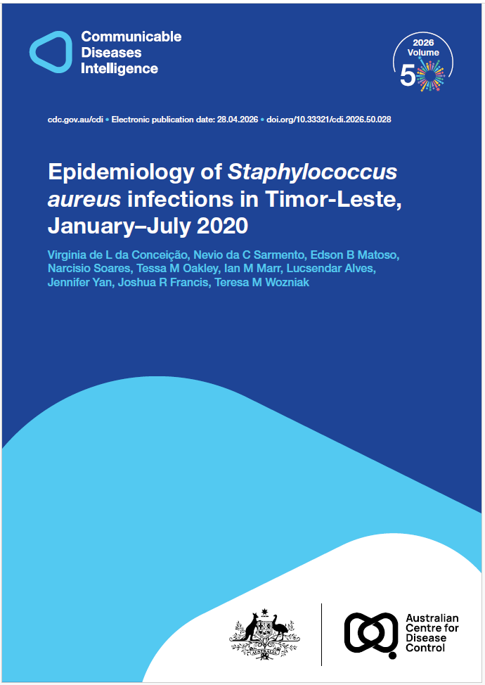 Dark and light blue shapes displaying the logo of Communicable Diseases Intelligence with a celebration graphic for Volume 50. The bottom of the cover features a lockup of the logo of the Australian Centre for Disease Control alongside the Commonwealth Coat of Arms.