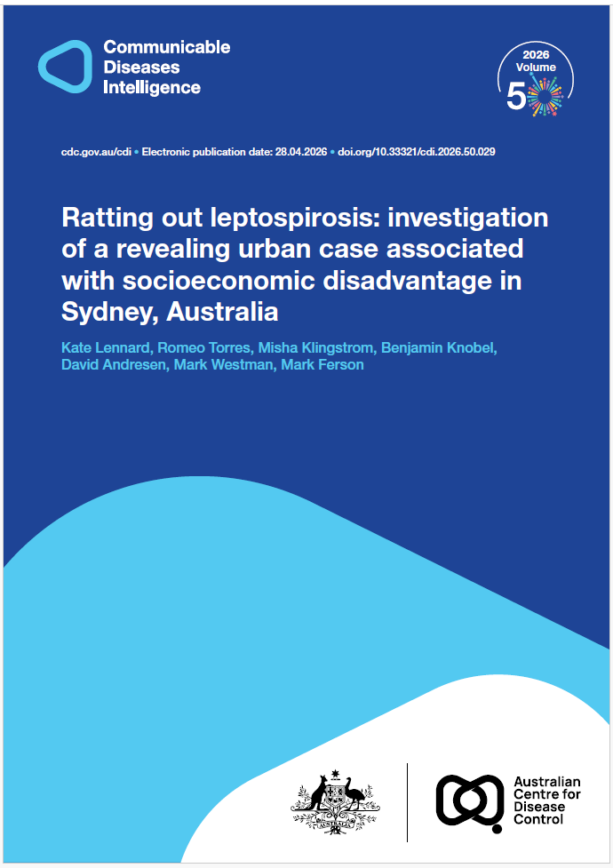 Dark and light blue shapes displaying the logo of Communicable Diseases Intelligence with a celebration graphic for Volume 50. The bottom of the cover features a lockup of the logo of the Australian Centre for Disease Control alongside the Commonwealth Coat of Arms
