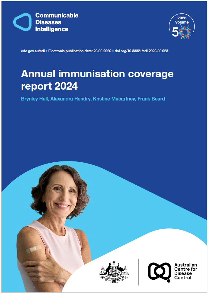 Dark and light blue shapes displaying the logo of Communicable Diseases Intelligence with a celebration graphic for Volume 50. The cover photo features a person smiling and holding their arm which has a bandaid applied. The bottom of the cover features a lockup of the logo of the Australian Centre for Disease Control alongside the Commonwealth Coat of Arms.