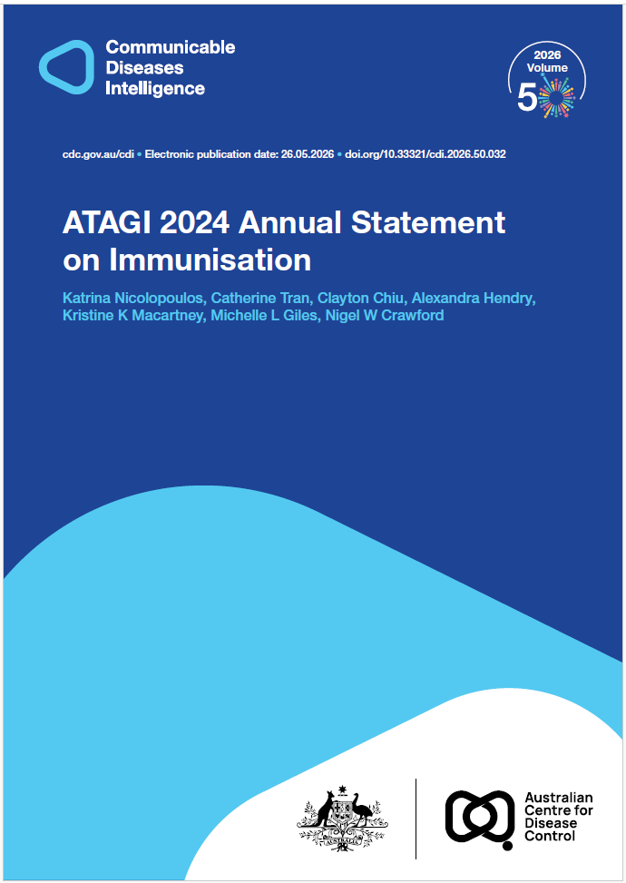 Dark and light blue shapes displaying the logo of Communicable Diseases Intelligence with a celebration graphic for Volume 50. The bottom of the cover features a lockup of the logo of the Australian Centre for Disease Control alongside the Commonwealth Coat of Arms.