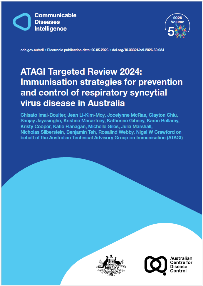 Dark and light blue shapes displaying the logo of Communicable Diseases Intelligence with a celebration graphic for Volume 50. The bottom of the cover features a lockup of the logo of the Australian Centre for Disease Control alongside the Commonwealth Coat of Arms.