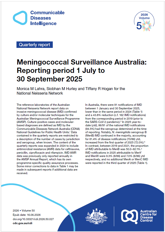 Light blue curved shape with the words Communicable Diseases Intelligence in dark blue. Celebrating Volume 50 of Communicable Diseases Intelligence in 2026. Colourful fireworks and stars make up the shape of the zero in 50. The bottom of the cover features dark blue and light blue shapes with a lockup of the logo of the Australian Centre for Disease Control alongside the Commonwealth Coat of Arms.
