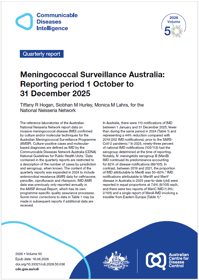 Light blue curved shape with the words Communicable Diseases Intelligence in dark blue. Celebrating Volume 50 of Communicable Diseases Intelligence in 2026. Colourful fireworks and stars make up the shape of the zero in 50. The bottom of the cover features dark blue and light blue shapes with a lockup of the logo of the Australian Centre for Disease Control alongside the Commonwealth Coat of Arms.