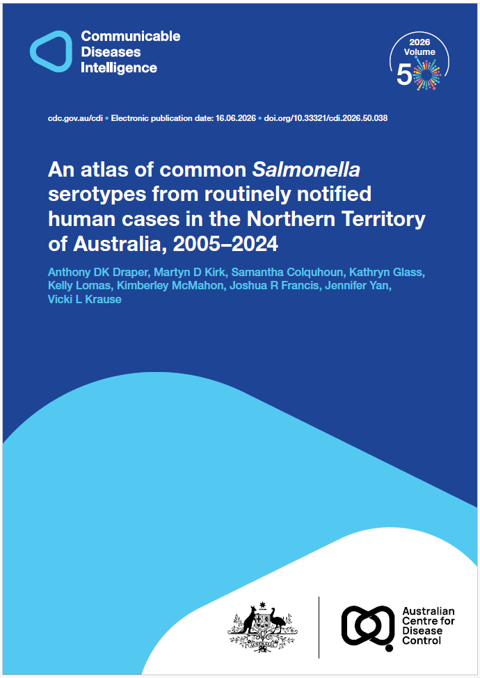 Dark and light blue shapes displaying the logo of Communicable Diseases Intelligence with a celebration graphic for Volume 50. The bottom of the cover features a lockup of the logo of the Australian Centre for Disease Control alongside the Commonwealth Coat of Arms.