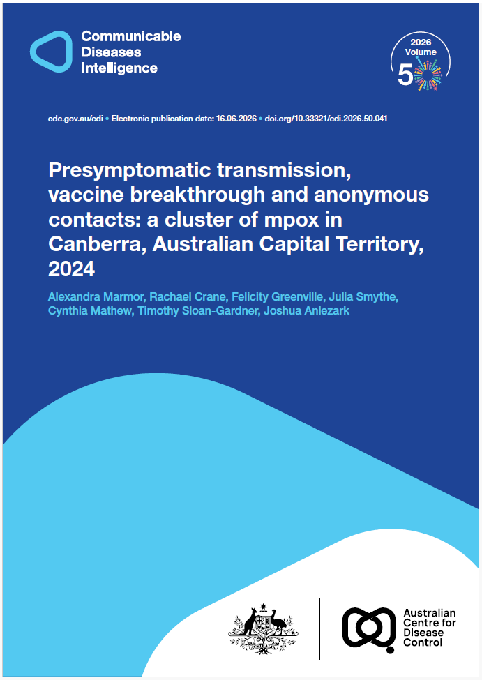 Dark and light blue shapes displaying the logo of Communicable Diseases Intelligence with a celebration graphic for Volume 50. The bottom of the cover features a lockup of the logo of the Australian Centre for Disease Control alongside the Commonwealth Coat of Arms.