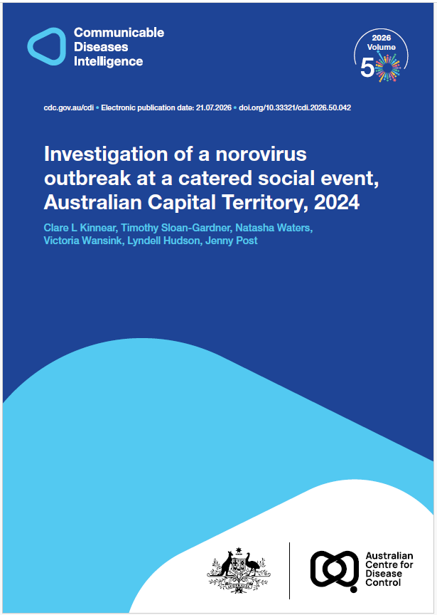 Dark and light blue shapes displaying the logo of Communicable Diseases Intelligence with a celebration graphic for Volume 50. The bottom of the cover features a lockup of the logo of the Australian Centre for Disease Control alongside the Commonwealth Coat of Arms.