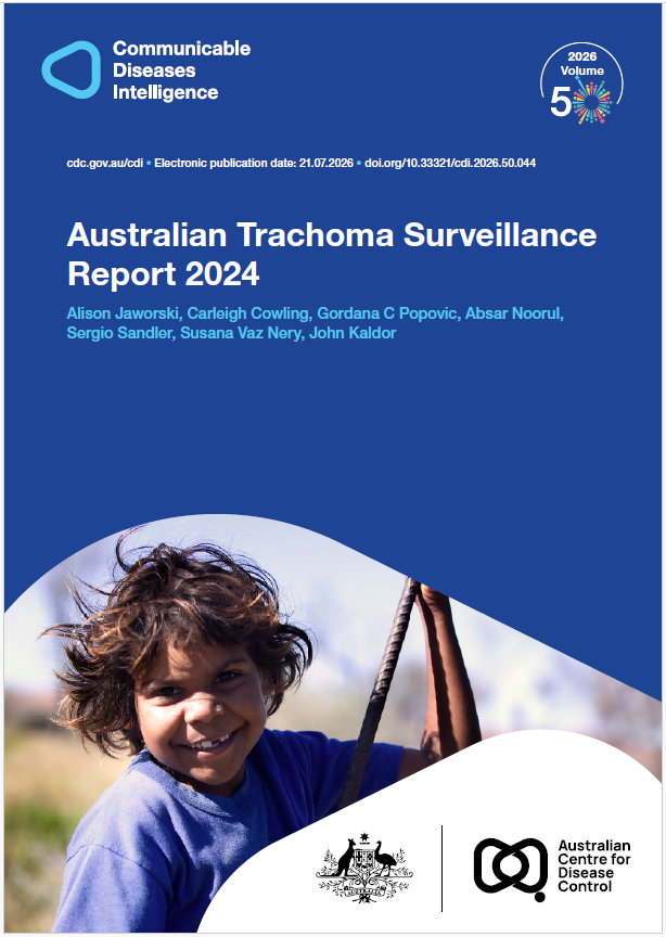 Dark and light blue shapes displaying the logo of Communicable Diseases Intelligence with a celebration graphic for Volume 50. The cover photo features a smiling First Nations child in Outback Australia. The bottom of the cover features a lockup of the logo of the Australian Centre for Disease Control alongside the Commonwealth Coat of Arms.