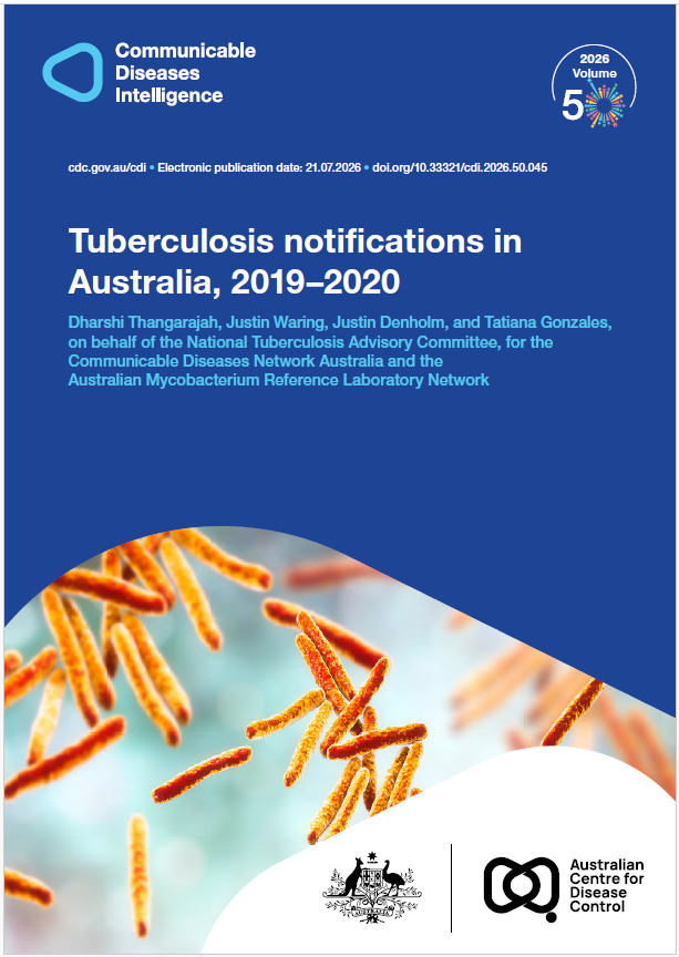Dark and light blue shapes displaying the logo of Communicable Diseases Intelligence with a celebration graphic for Volume 50. The cover photo features a colourful 3D representation of Mycobacterium tuberculosis set against a light blue and grey background. The bottom of the cover features a lockup of the logo of the Australian Centre for Disease Control alongside the Commonwealth Coat of Arms.
