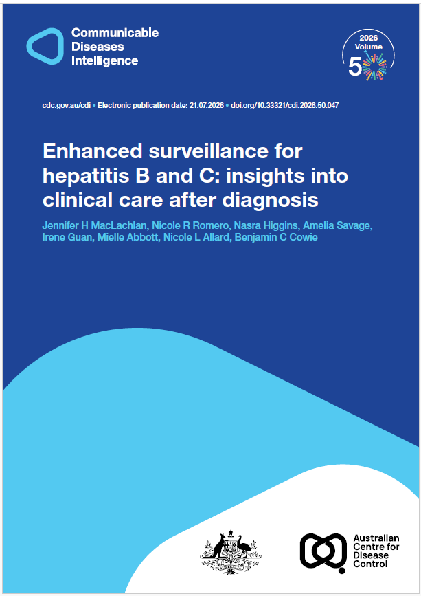 Dark and light blue shapes displaying the logo of Communicable Diseases Intelligence with a celebration graphic for Volume 50. The bottom of the cover features a lockup of the logo of the Australian Centre for Disease Control alongside the Commonwealth Coat of Arms.