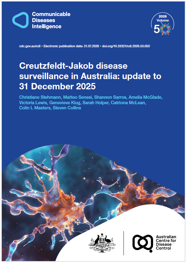 Dark and light blue shapes displaying the logo of Communicable Diseases Intelligence with a celebration graphic for Volume 50. The cover photo features a colourful concept of blue and orange prion clumps and strands. The bottom of the cover features a lockup of the logo of the Australian Centre for Disease Control alongside the Commonwealth Coat of Arms.