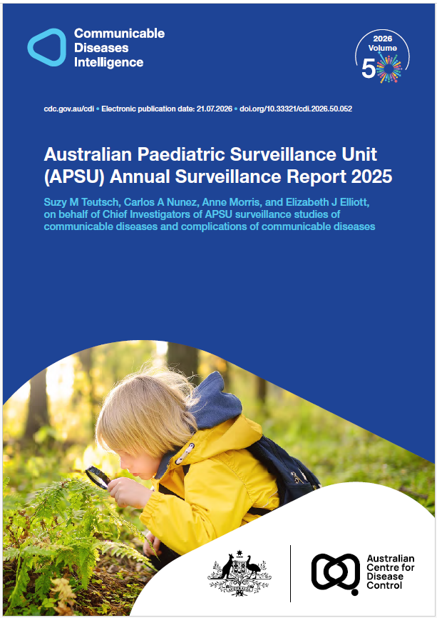 Dark and light blue shapes displaying the logo of Communicable Diseases Intelligence with a celebration graphic for Volume 50. The cover photo features a child wearing a yellow raincoat and a blue backpack, looking through a magnifying glass at a green fern. The bottom of the cover features a lockup of the logo of the Australian Centre for Disease Control alongside the Commonwealth Coat of Arms.