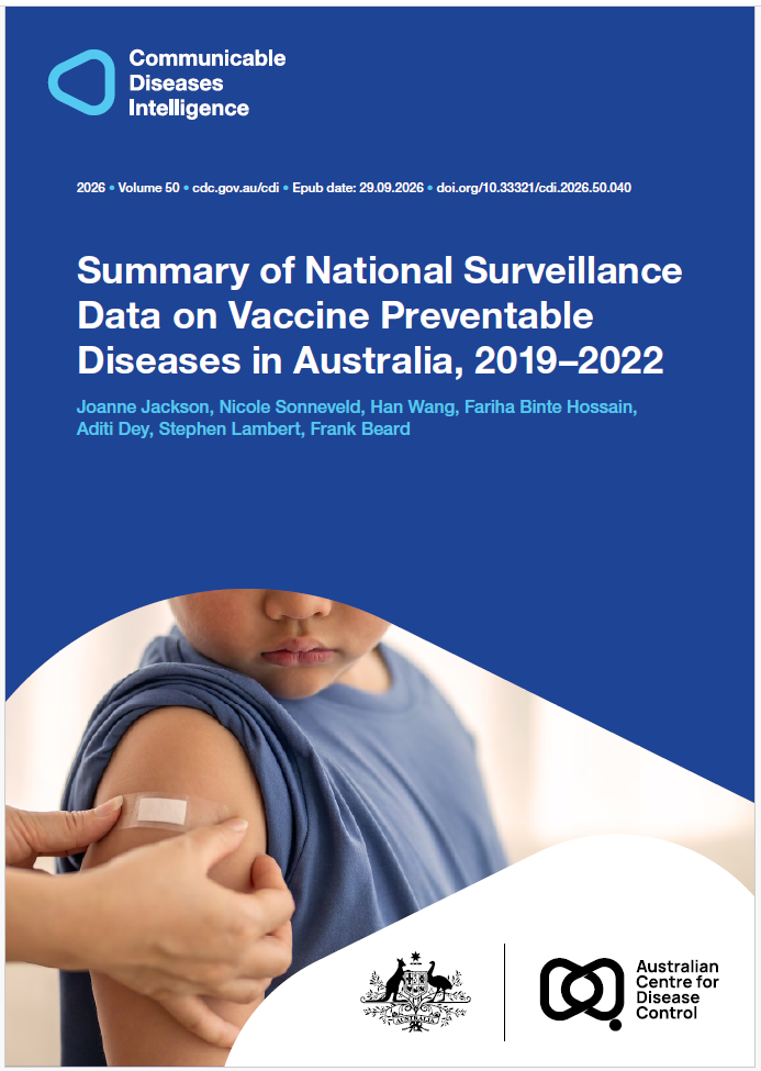 Dark and light blue shapes displaying the logo of Communicable Diseases Intelligence. The cover photo features a set of hands applying a bandaid to a person wearing a blue tshirt, who is looking down at their arm. The bottom of the cover features a lockup of the logo of the Australian Centre for Disease Control alongside the Commonwealth Coat of Arms.