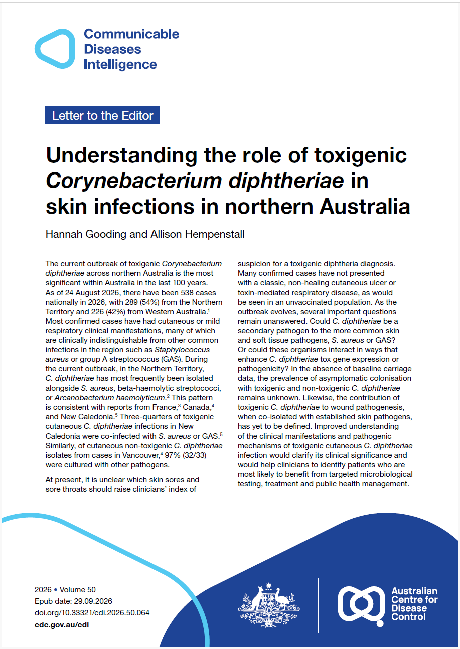 Light blue curved shape with the words Communicable Diseases Intelligence in dark blue. The bottom of the cover features dark blue and light blue shapes with a lockup of the logo of the Australian Centre for Disease Control alongside the Commonwealth Coat of Arms.