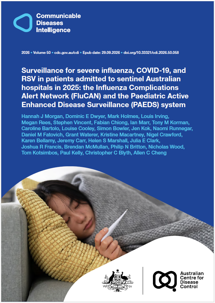 Dark and light blue shapes displaying the logo of Communicable Diseases Intelligence. The photo features a person lying on a lounge with a pillow under their head and a blanket wrapped around them, looking at a thermometer. The bottom of the cover features a lockup of the logo of the Australian Centre for Disease Control alongside the Commonwealth Coat of Arms.