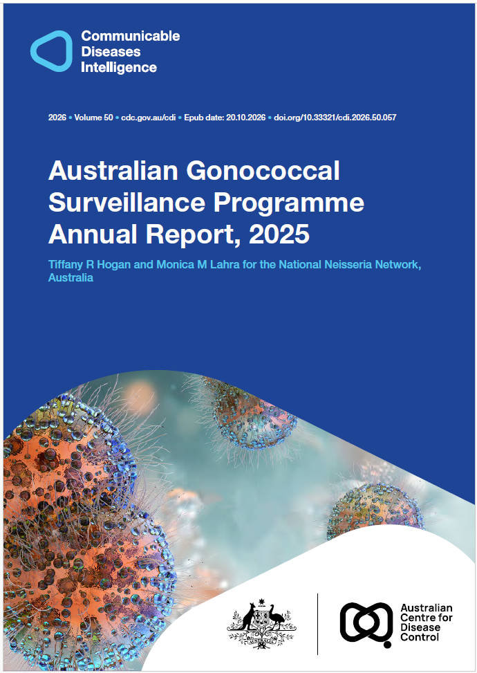 Dark and light blue shapes displaying the logo of Communicable Diseases Intelligence. The cover photo features a colourful artistic representation of Neisseria gonorrhoeae set against a light blue background. The bottom of the cover features a lockup of the logo of the Australian Centre for Disease Control alongside the Commonwealth Coat of Arms.