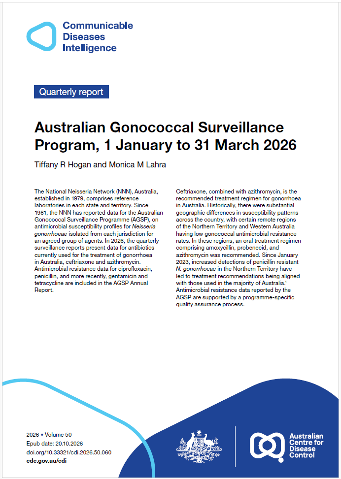 Light blue curved shape with the words Communicable Diseases Intelligence in dark blue. The bottom of the cover features dark blue and light blue shapes with a lockup of the logo of the Australian Centre for Disease Control alongside the Commonwealth Coat of Arms.