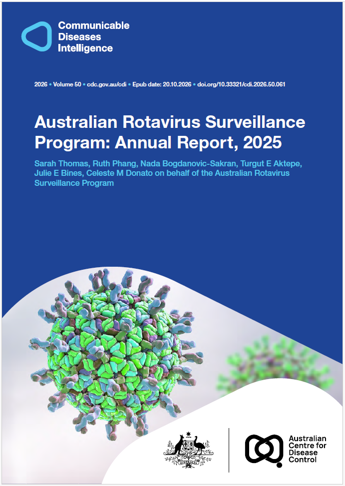 Dark and light blue shapes displaying the logo of Communicable Diseases Intelligence. The cover photo features a 3-D artistic illustration of rotavirus in blues and greens. The bottom of the cover features a lockup of the logo of the Australian Centre for Disease Control alongside the Commonwealth Coat of Arms.