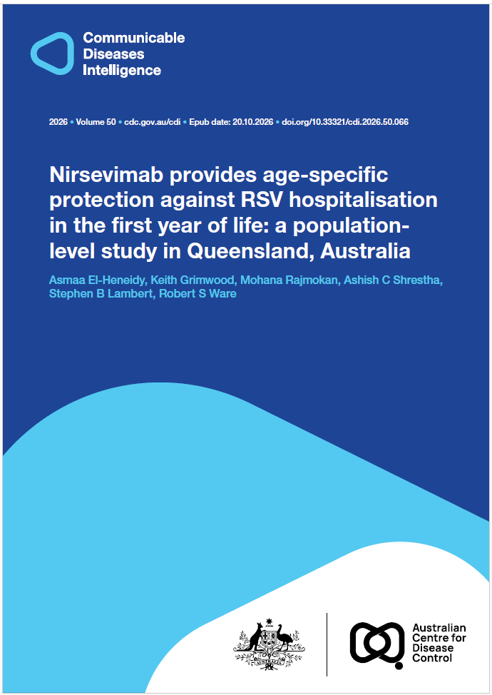 Dark and light blue shapes displaying the logo of Communicable Diseases Intelligence. The bottom of the cover features a lockup of the logo of the Australian Centre for Disease Control alongside the Commonwealth Coat of Arms.