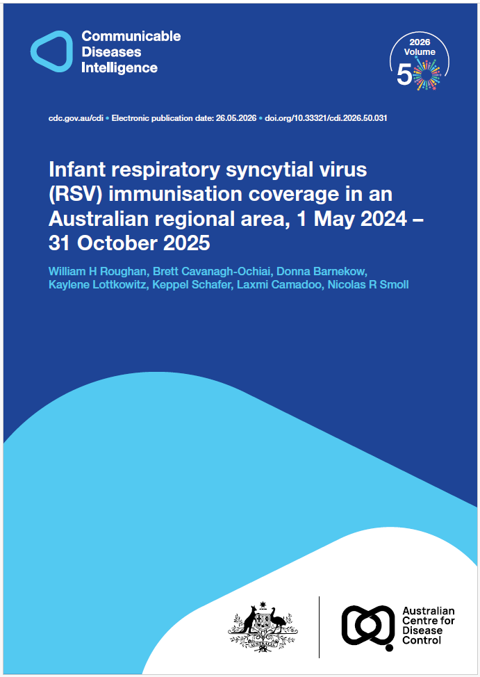 Dark and light blue shapes displaying the logo of Communicable Diseases Intelligence with a celebration graphic for Volume 50. The bottom of the cover features a lockup of the logo of the Australian Centre for Disease Control alongside the Commonwealth Coat of Arms.