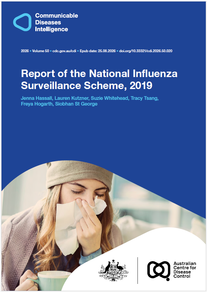 Dark and light blue shapes displaying the logo of Communicable Diseases Intelligence. The cover photo features a person blowing their nose into a tissue, wrapped up warmly with a blanket around their shoulders, wearing a beanie and holding a coffee cup. The bottom of the cover features a lockup of the logo of the Australian Centre for Disease Control alongside the Commonwealth Coat of Arms.