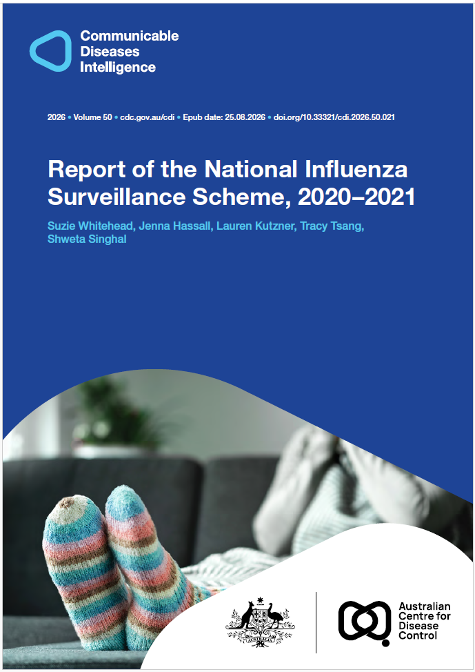 Dark and light blue shapes displaying the logo of Communicable Diseases Intelligence. The cover photo features a person (face not visible) sitting on a grey lounge with their feet up. The focus is on a colourful pair of striped blue, pink, brown and purple socks with a green plant in the background. The bottom of the cover features a lockup of the logo of the Australian Centre for Disease Control alongside the Commonwealth Coat of Arms.