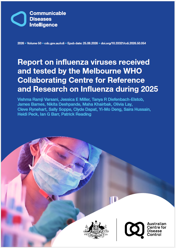 Dark and light blue shapes displaying the logo of Communicable Diseases Intelligence. The cover photo features a laboratory technician writing on a test tube, with other blue and red test tubes visable in the corner. The bottom of the cover features a lockup of the logo of the Australian Centre for Disease Control alongside the Commonwealth Coat of Arms.