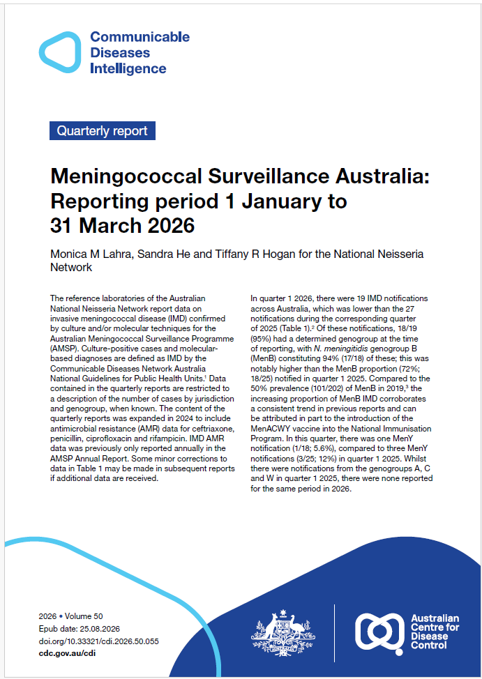 Light blue curved shape with the words Communicable Diseases Intelligence in dark blue. The bottom of the cover features dark blue and light blue shapes with a lockup of the logo of the Australian Centre for Disease Control alongside the Commonwealth Coat of Arms.
