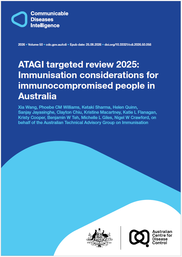 Dark and light blue shapes displaying the logo of Communicable Diseases Intelligence. The bottom of the cover features a lockup of the logo of the Australian Centre for Disease Control alongside the Commonwealth Coat of Arms.